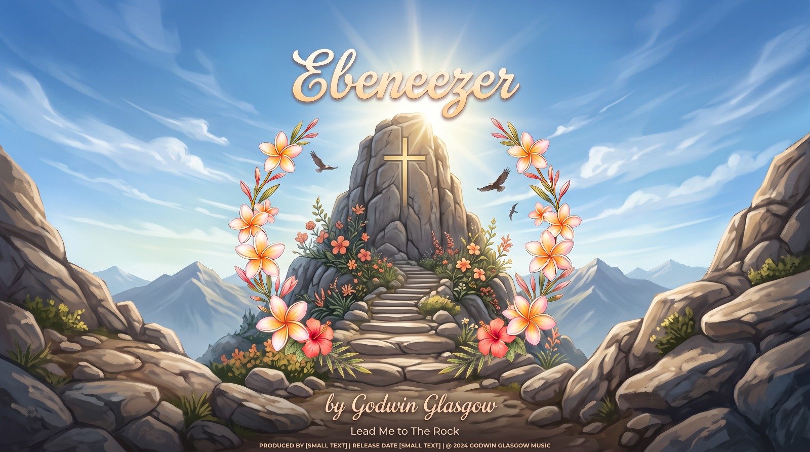Digital illustration of a mountain with a cross at the top, surrounded by pink flowers and greenery, with blue sky and clouds in the background. The text reads 'Ebenézer by Godwin Glasgow' and 'Lead Me to The Rock'.