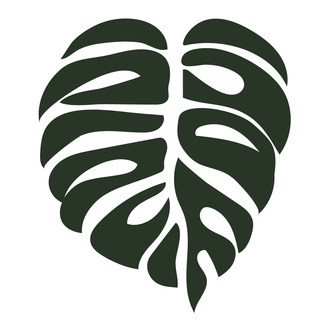 A stylized, dark green monstera leaf with multiple splits in its large, glossy leaves.