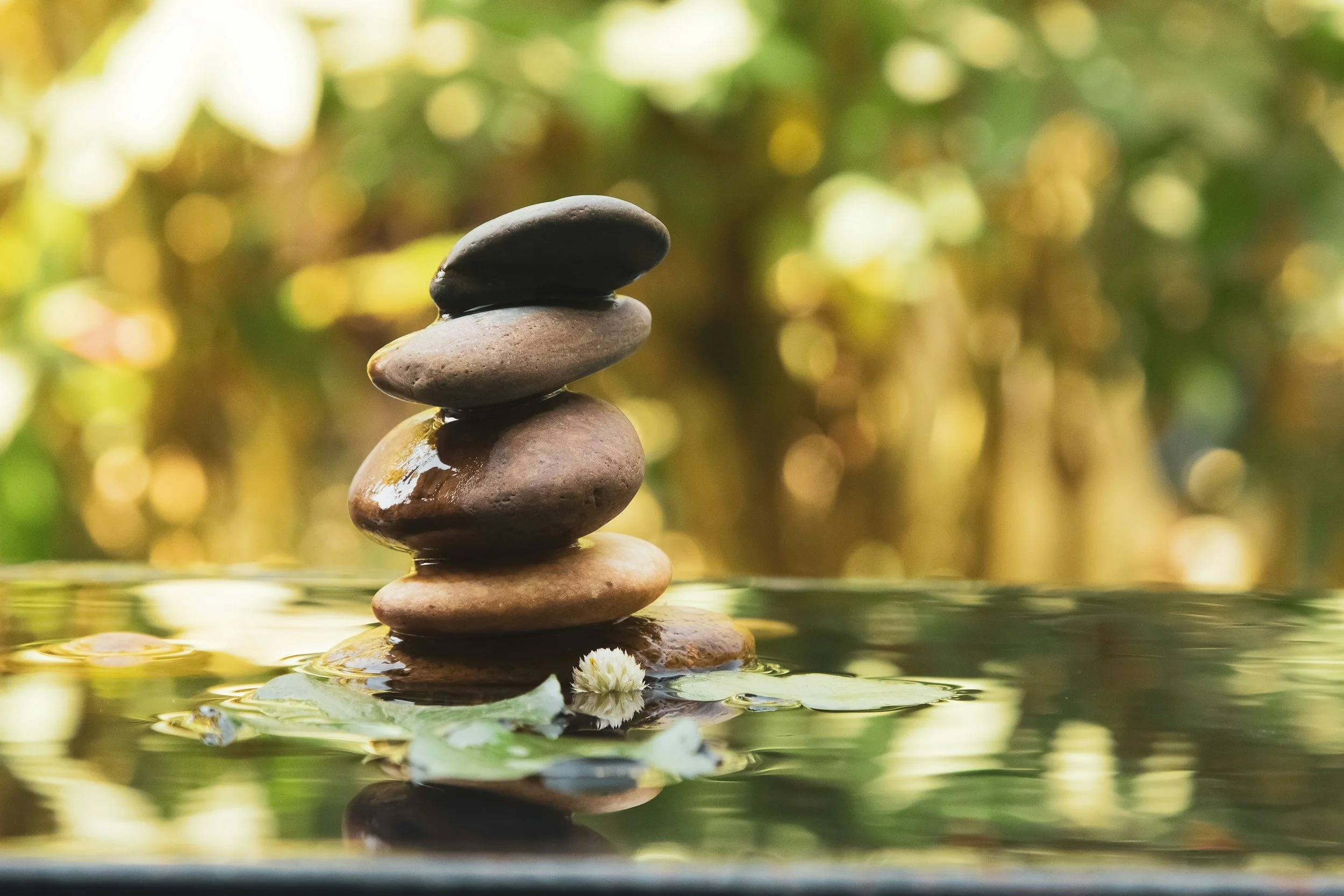 A stack of five smooth stones balanced on top of each other in water with a blurred green and yellow natural background.