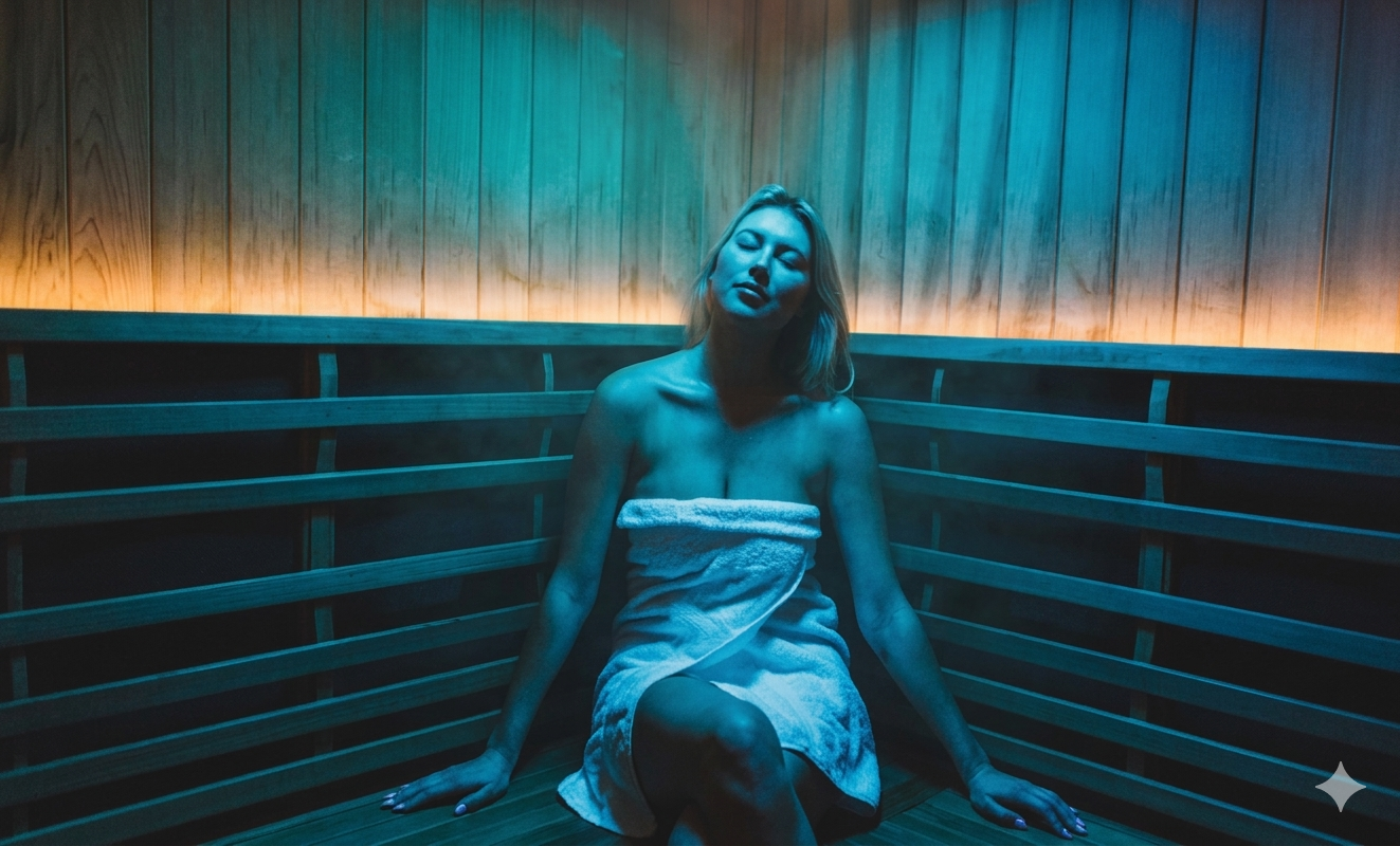 A woman seated in an infrared sauna with blue lighting, wrapped in a towel.