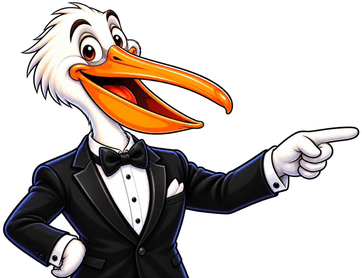 A cartoon stork wearing a black tuxedo with a bow tie, smiling, and pointing to the right.