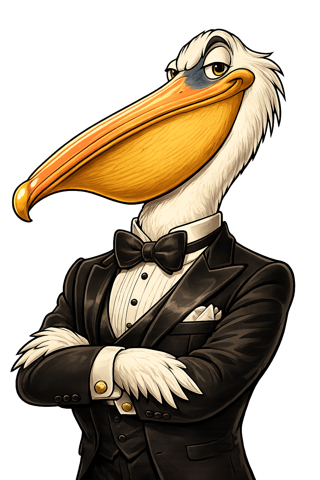 A cartoon illustration of a pelican wearing a tuxedo with a bow tie, crossing arms, in front of a black background with colorful lights.
