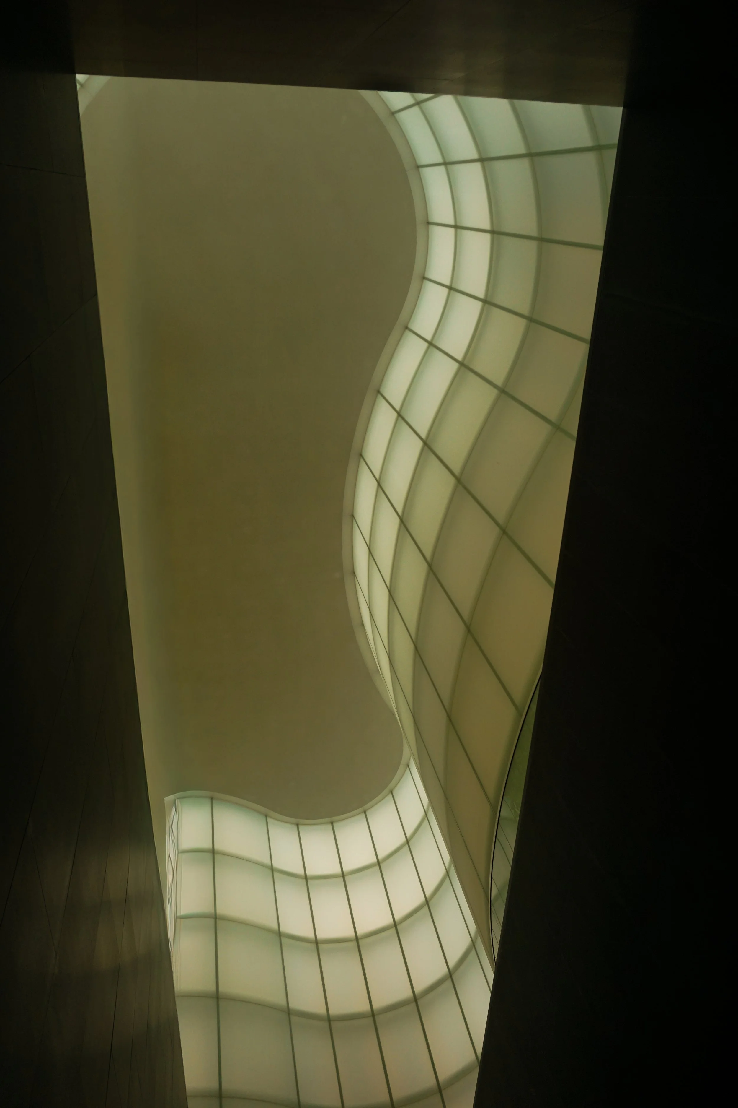 Looking up at a curved illuminated glass ceiling with metal framing, flanked by dark wall panels.