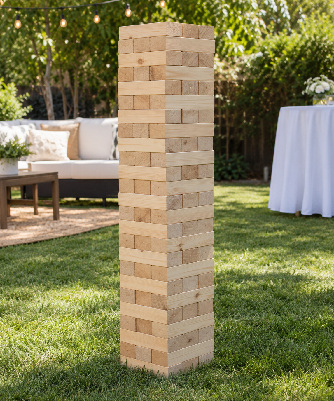 A large Jenga game set up outdoors on a grassy lawn, with a backyard seating area and string lights in the background.