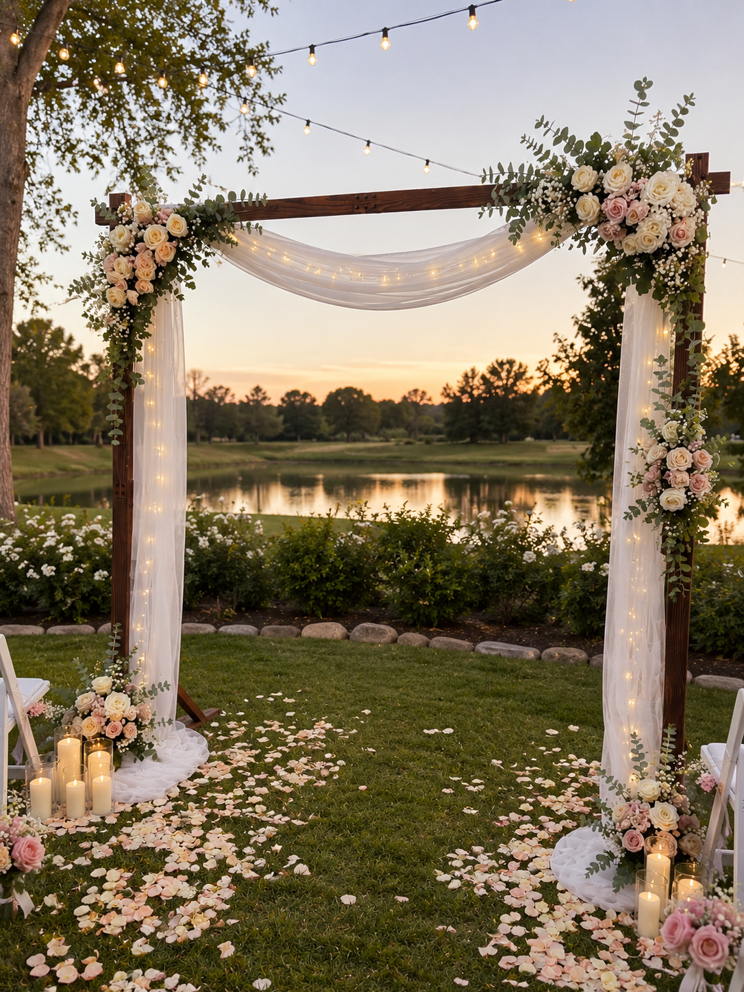 Outdoor wedding arch decorated with white and pink roses, greenery, fairy lights, and white fabric, set in a garden near a lake with rose petals scattered on the grass, candles, and chairs.