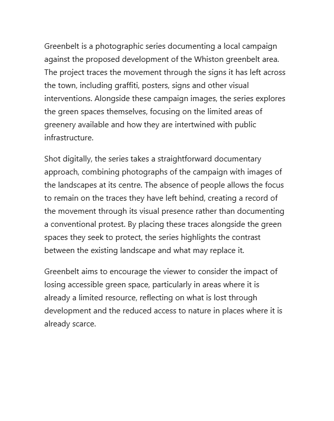 Photographic document discussing Greenbelt's campaign against development in Whiston greenbelt area, highlighting graffiti, posters, and signs.