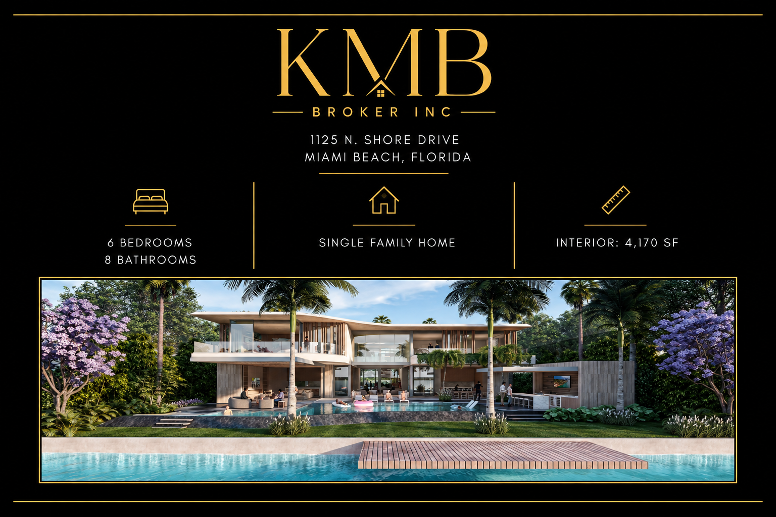 Property listing for KMB Broker Inc., located at 1125 N. Shore Drive, Miami Beach, Florida. Features a single-family home with 6 bedrooms, 8 bathrooms, and 4,170 square feet of interior space. The image shows a modern house with large windows, multiple outdoor seating areas, a swimming pool, and lush landscaping with tall palm trees and colorful flowering trees.