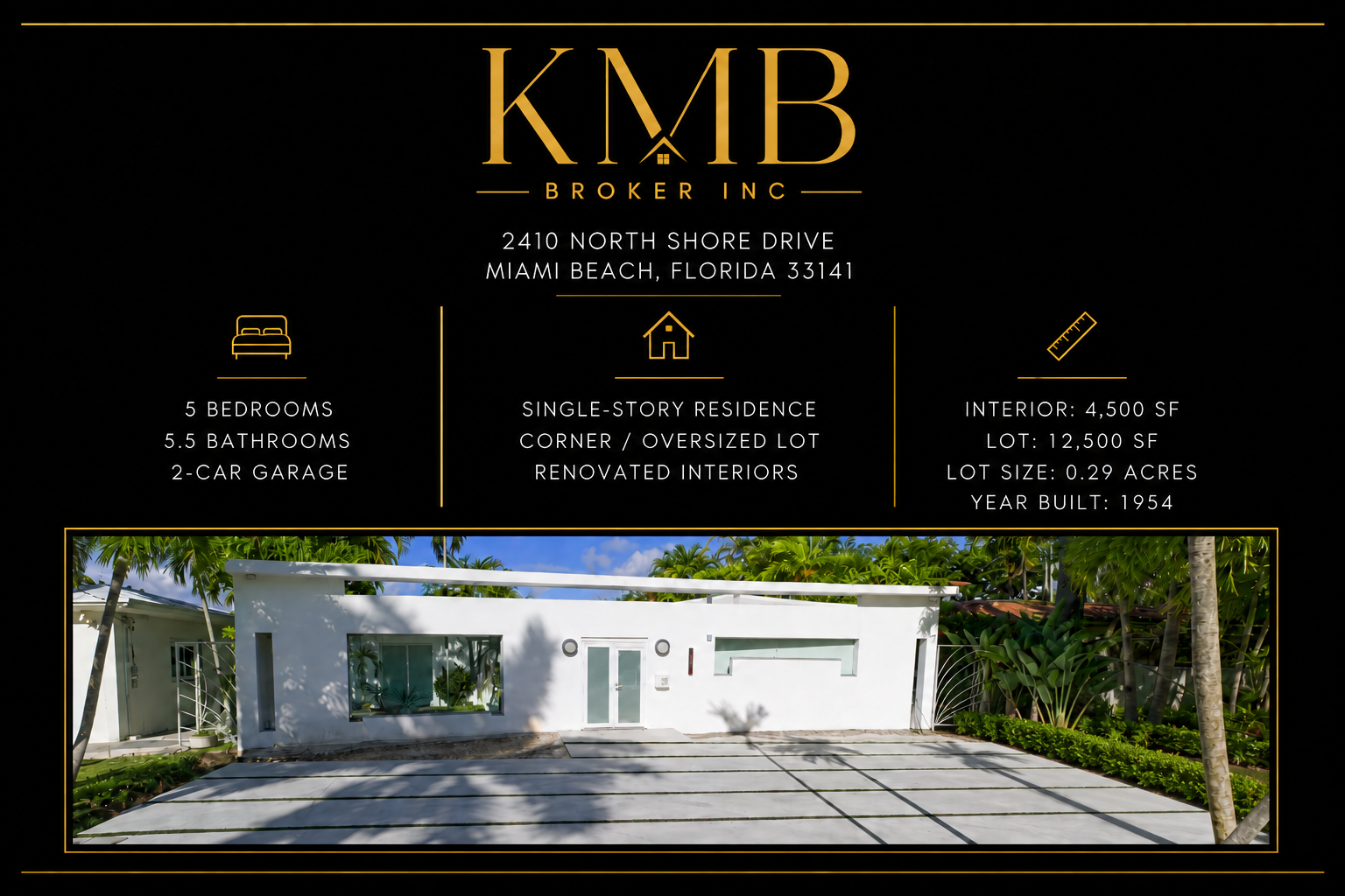 Real estate listing for a single-story residence at 2410 North Shore Drive, Miami Beach, Florida. Features a modern white exterior, large window, front yard with concrete driveway, surrounded by tropical trees and plants.