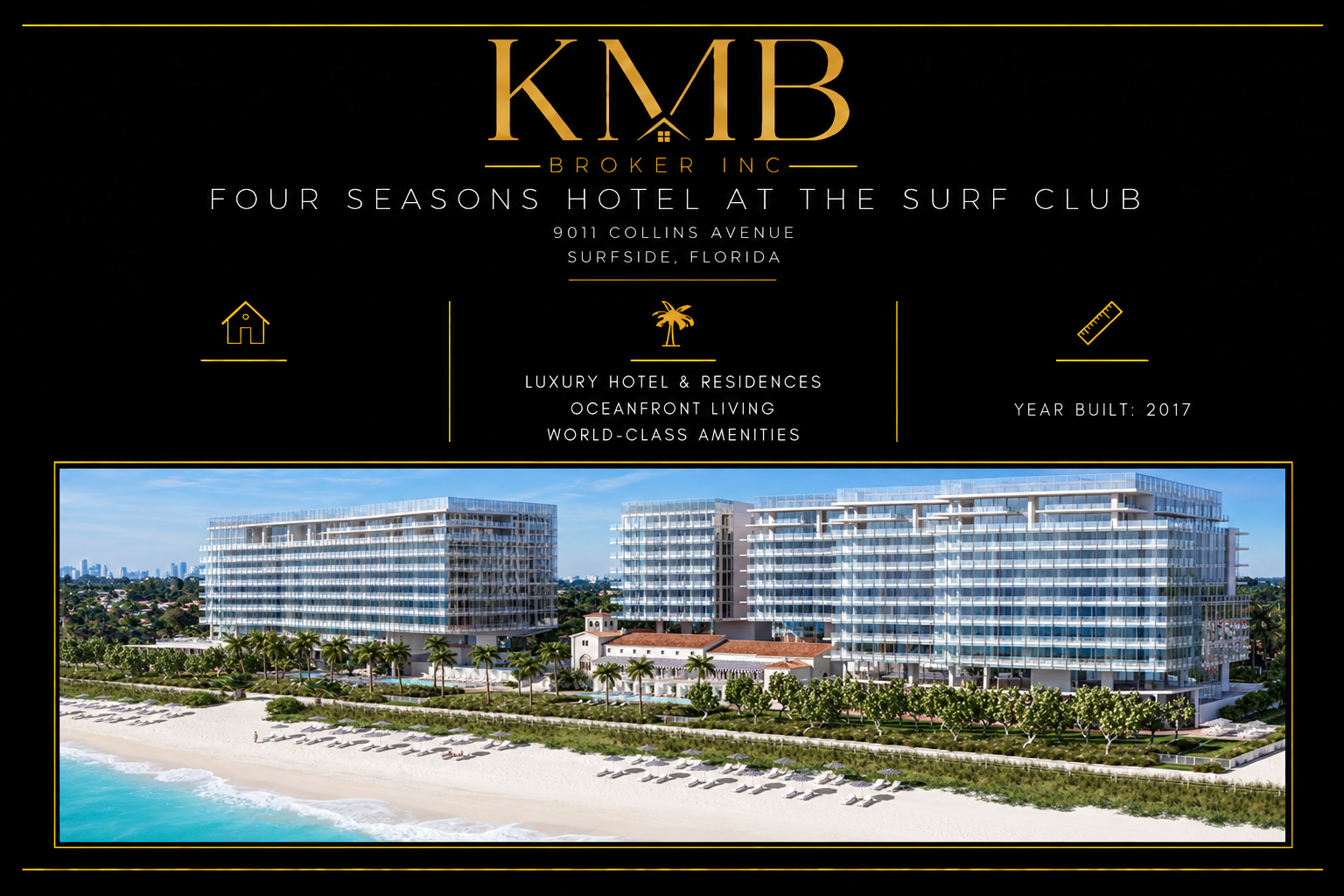 An advertisement for KMB Broker Inc. featuring a large modern oceanfront hotel and residences with a beachfront view, palm trees, and a city skyline in the background. The ad includes details about the hotel, its location in Surfside, Florida, the year it was built (2017), and highlights its luxury amenities and world-class living.