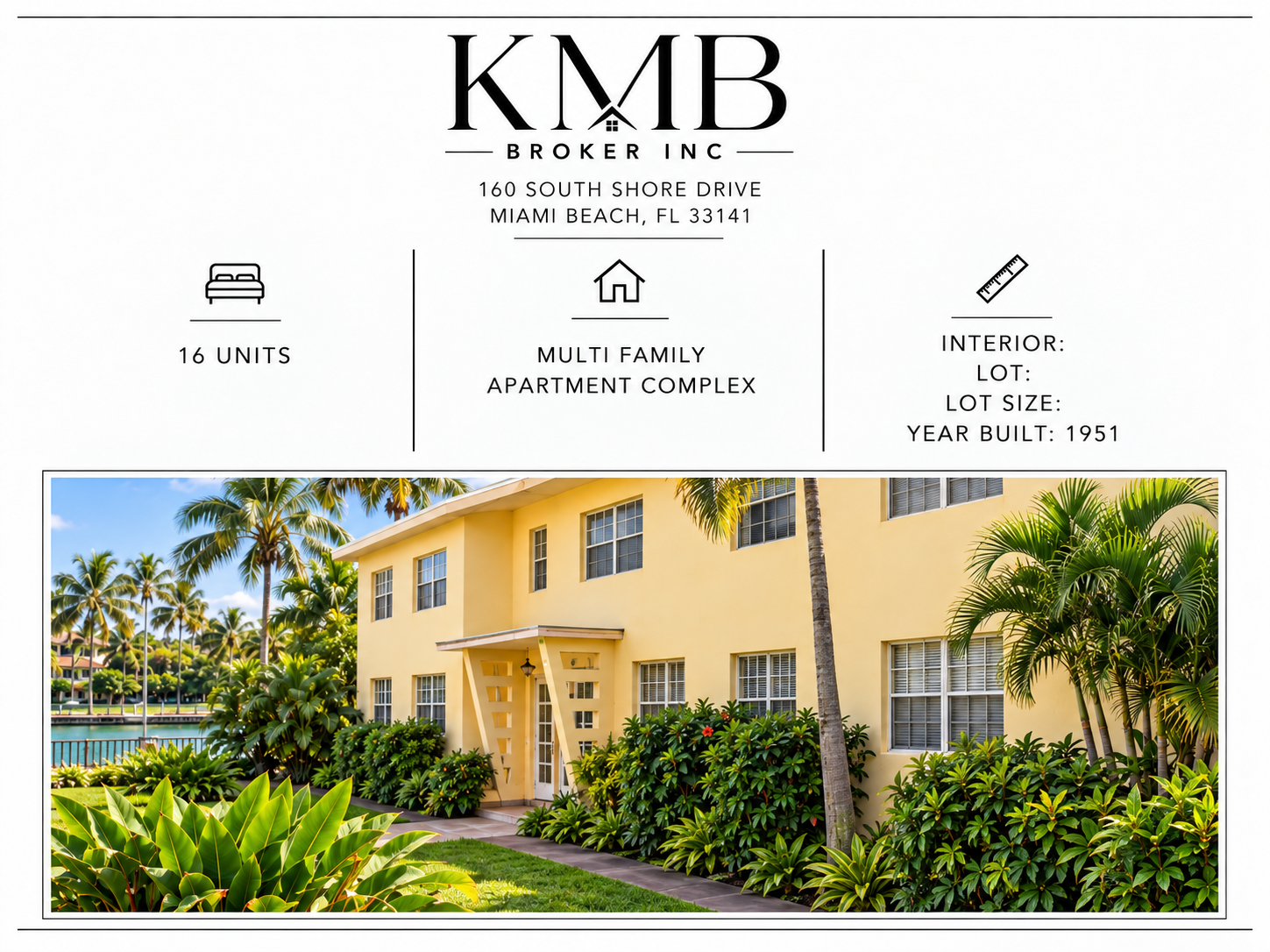 Real estate flyer for a Miami Beach apartment complex, showing a photograph of a yellow building surrounded by lush tropical plants and palm trees.