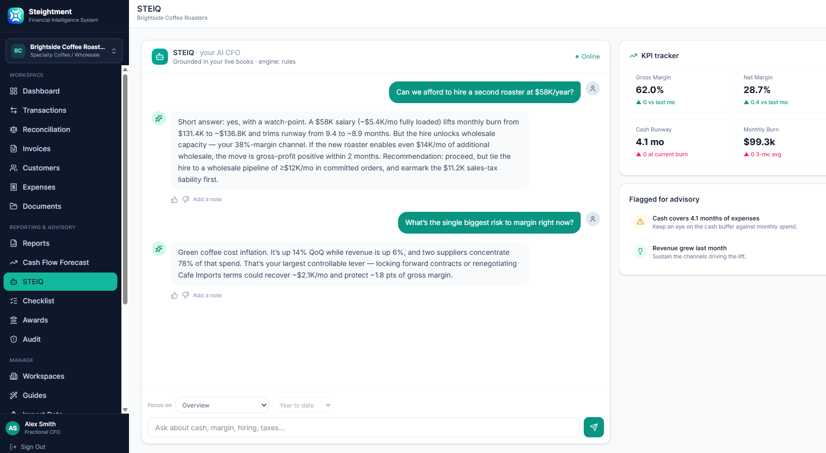STEIQ AI CFO showing executive guidance on hiring, cash runway, margin risk, business performance, KPI tracking, and financial alerts