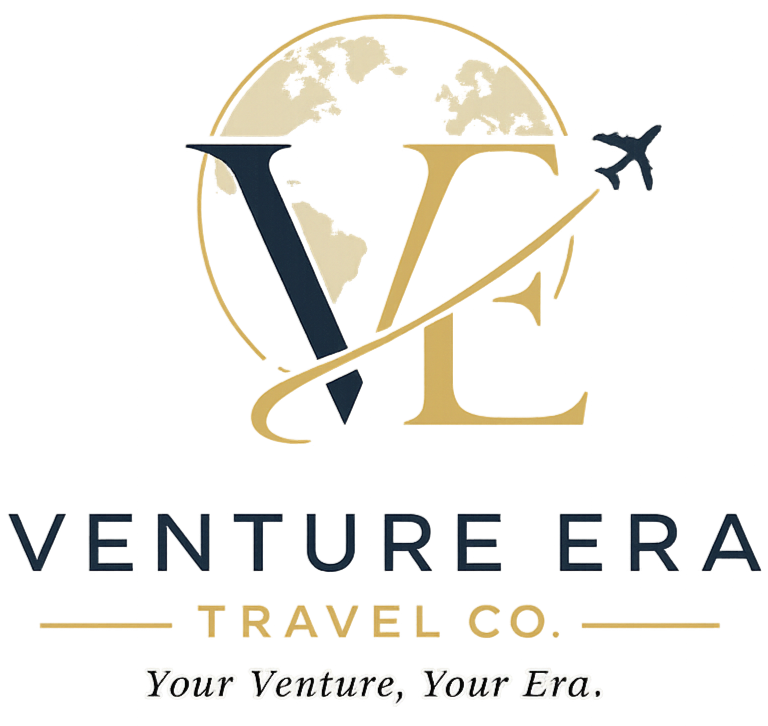 Logo for Venture Era Travel Co, featuring a globe with an airplane flying around it, stylized 'V' and 'E' letters, and the tagline 'Your Venture, Your Era'.