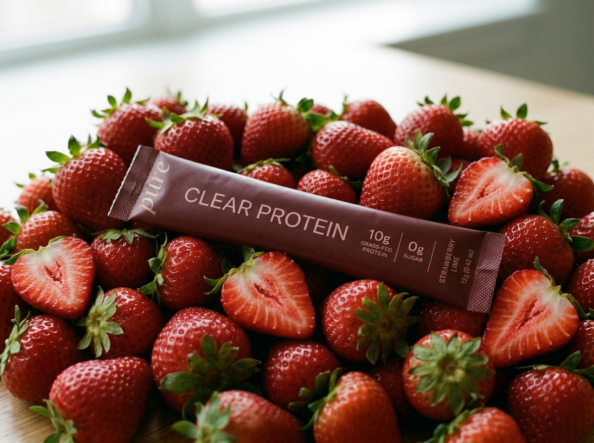 A lot of fresh strawberries with green leaves, some whole and some cut in half, and a package of pure clear protein with nutritional info, resting on the strawberries.
