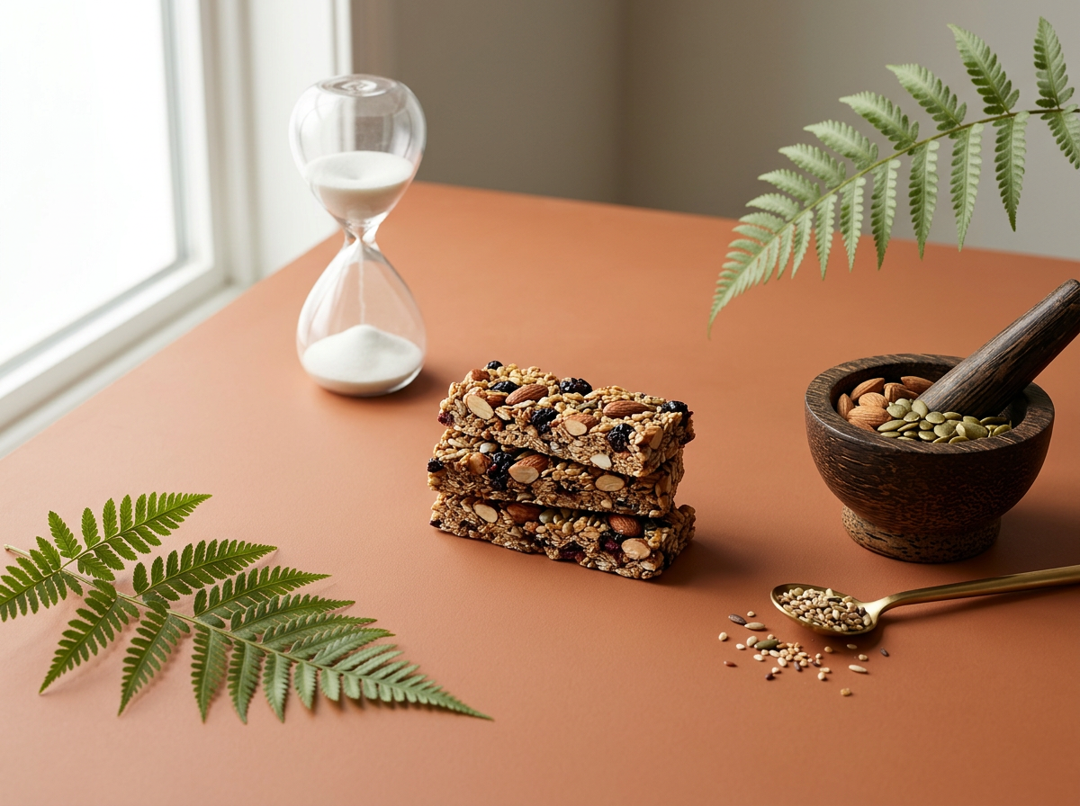 Stack of granola bars on a table next to a wooden bowl with almonds, seeds, and pumpkin seeds, with a green fern and an hourglass in the background.