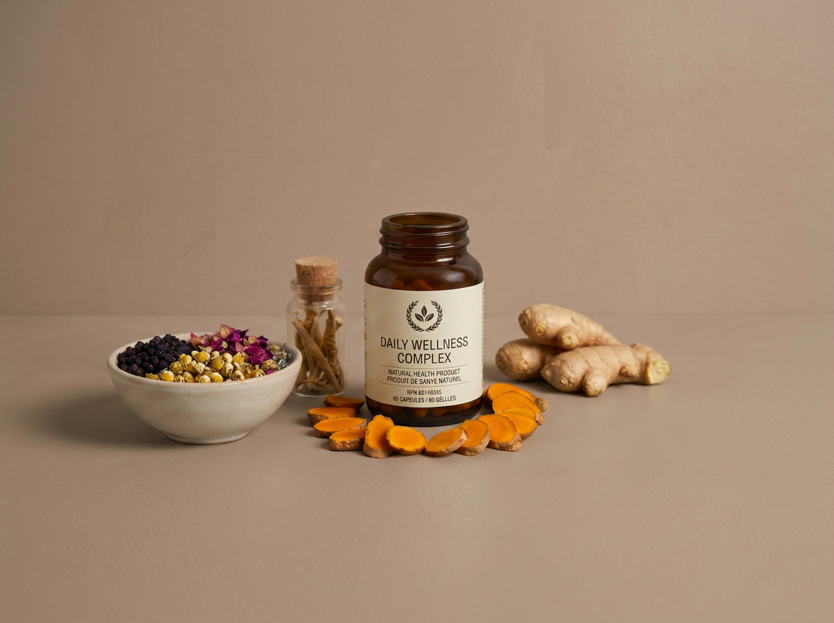 Supplements with ginger, turmeric, dried herbs, and a bowl of dried berries and flowers.
