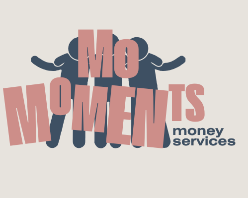 Logo for 'Mo Moments Money Services' with stylized people figures and bold text.