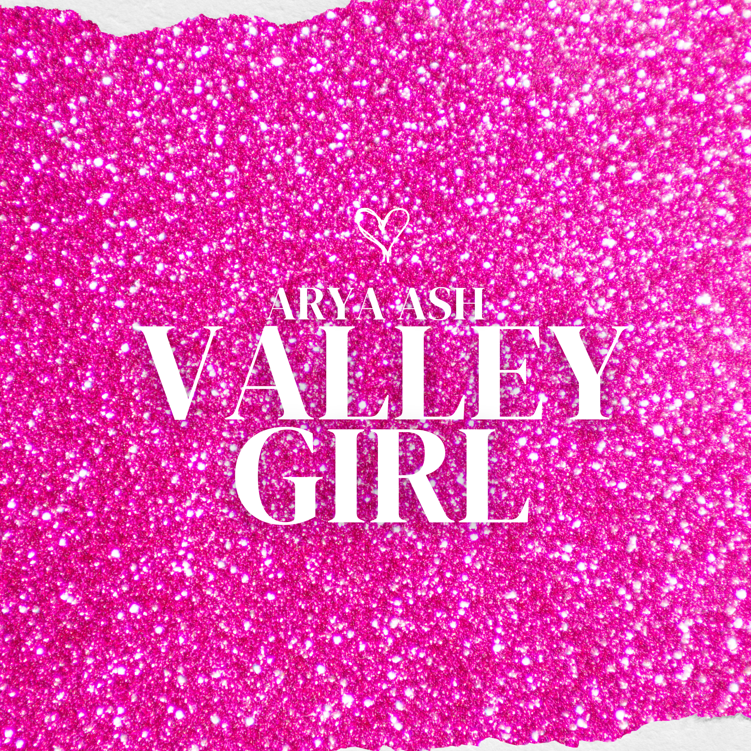 Pink glitter background with white text that reads "Valentine's Day" and a small heart shape outline above the text.