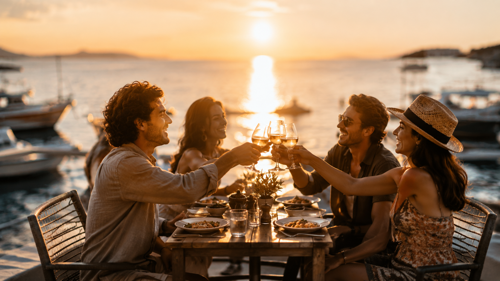 Two couples at dinner toasting with glasses of wine with an ocean sunset in the background.