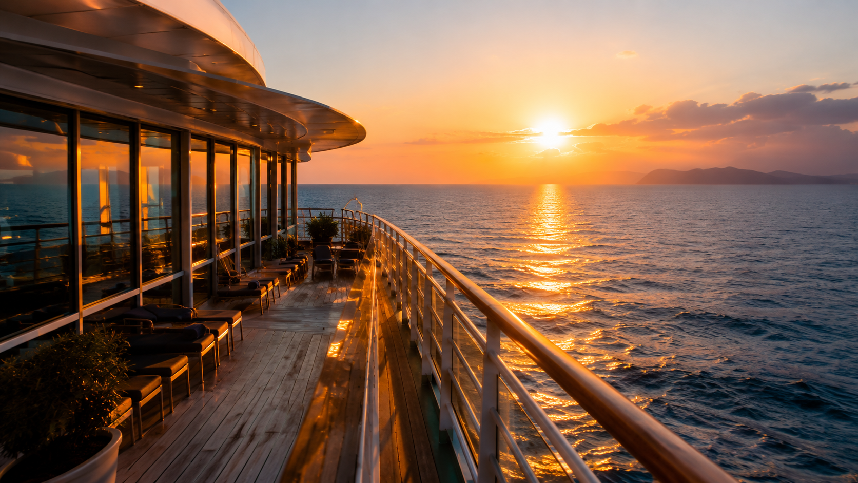 Cruise ship deck overlooking sunset on the ocean.