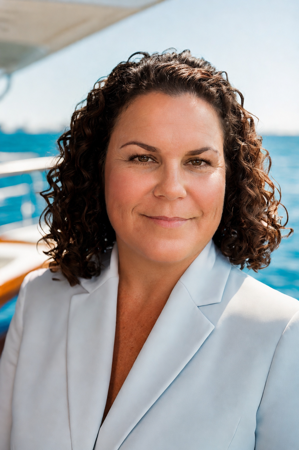 Owner of Storied Tides, Kate Pyle, posing for a headshot by the water.
