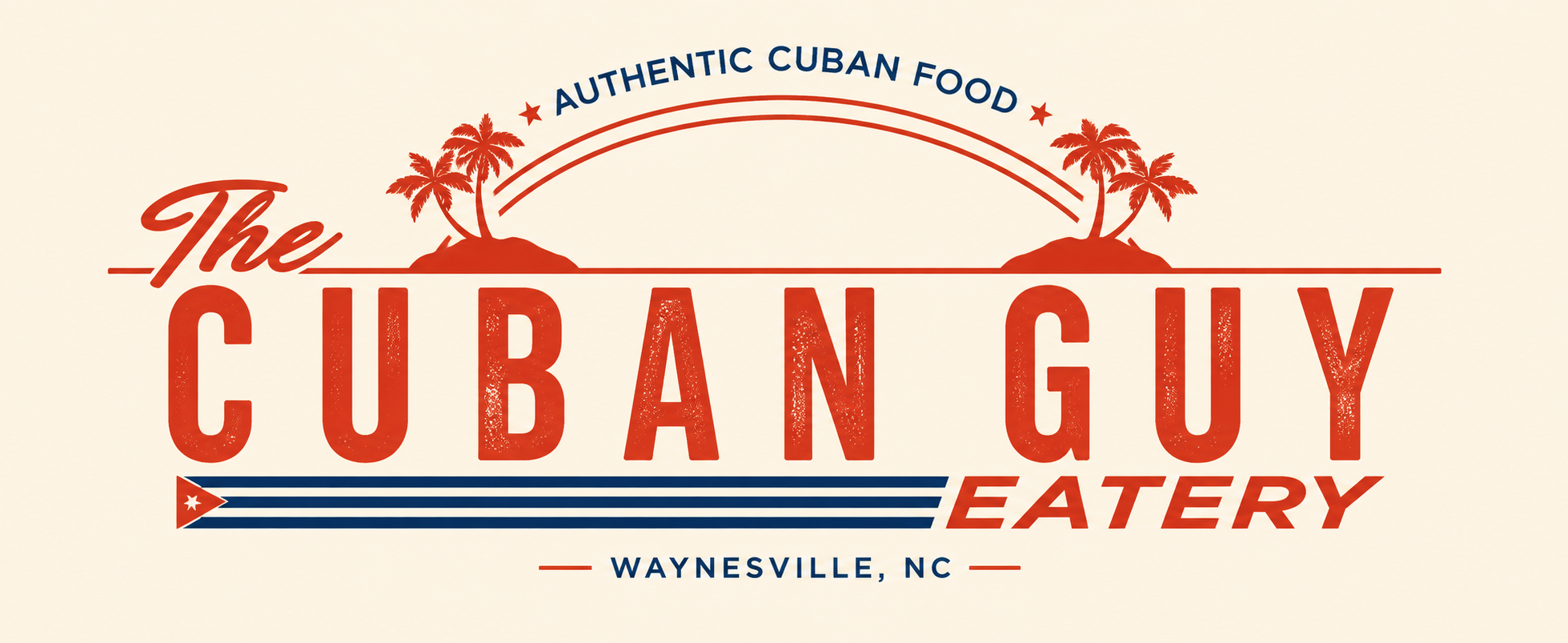 Logo for The Cuban Guy Eatery with palm trees and text, indicating it is in Waynesville, NC, and features authentic Cuban food.