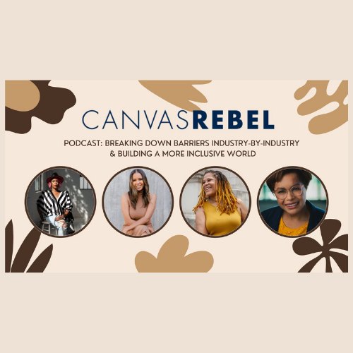 CANVAS REBEL podcast promotional graphic with four women in circular photos and abstract beige, brown, and tan background.