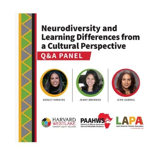 Title slide for a presentation on neurodiversity and learning differences from a cultural perspective, featuring headshots of Ashley Harding, Jenny Drennan, and Jenn Gabrial, with logos of Harvard Westlake, PAAWS, and LAPA.