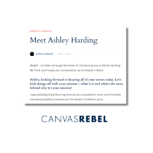 Screenshot of an article titled "Meet Ashley Harding" from Canvas Rebel, dated April 27, 2023, introducing Ashley Harding and her story.