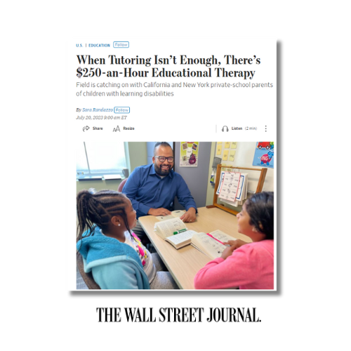 Screenshot of a Wall Street Journal article titled "When Tutoring Isn’t Enough, There’s $250-an-Hour Educational Therapy" showing a man teaching two young girls at a table with books, in a classroom setting.