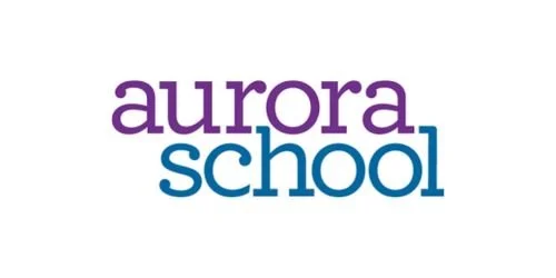Aurora School logo with purple 'aurora' and blue 'school' text.