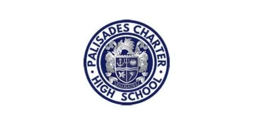 Logo of Palisades Charter High School featuring a shield with a sun, trees, and a mountain, surrounded by the school name.