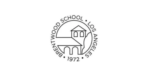 Black and white logo of Brentwood School in Los Angeles, featuring a stylized building with arches and a clock tower, encircled by the school's name and established year 1972.