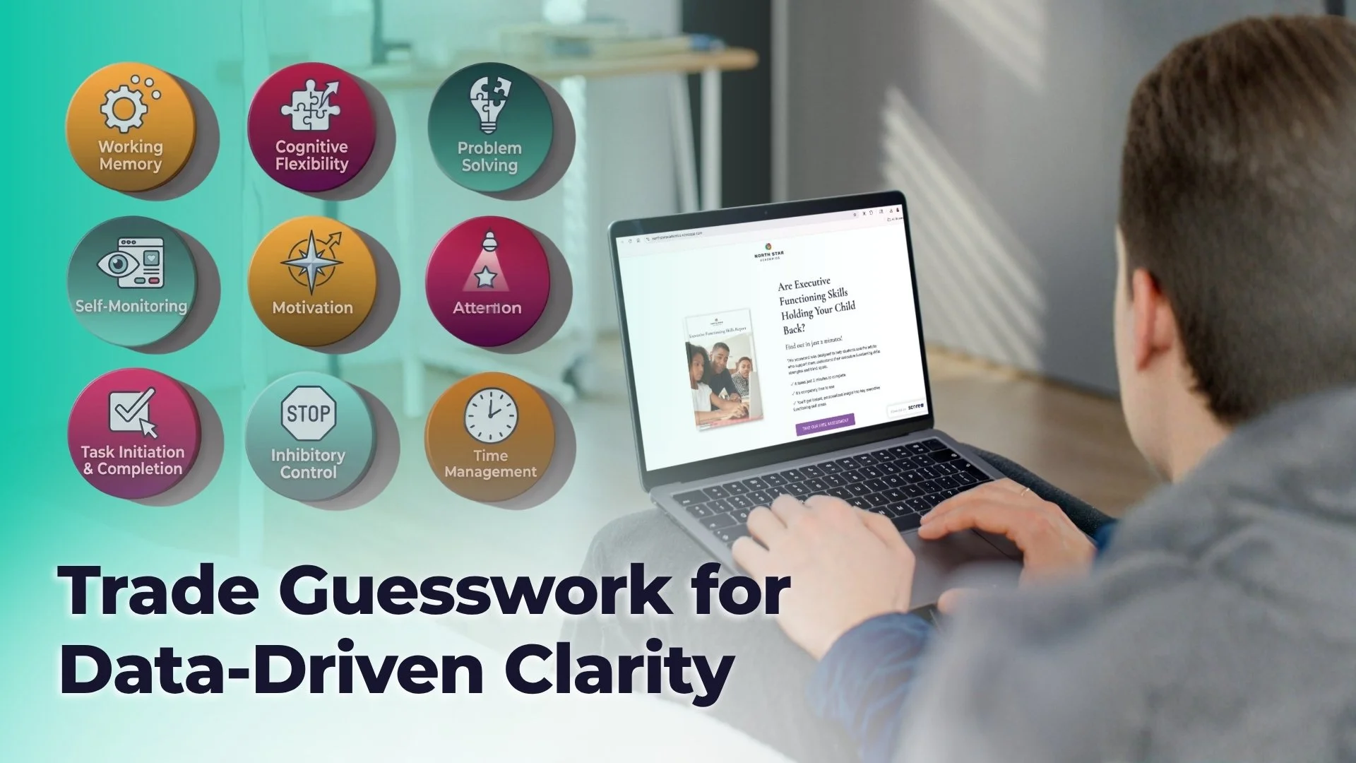 Graphic titled 'Trade Guesswork for Data-Driven Clarity' showing a laptop displaying an executive functioning assessment alongside icons for working memory, cognitive flexibility, and time management