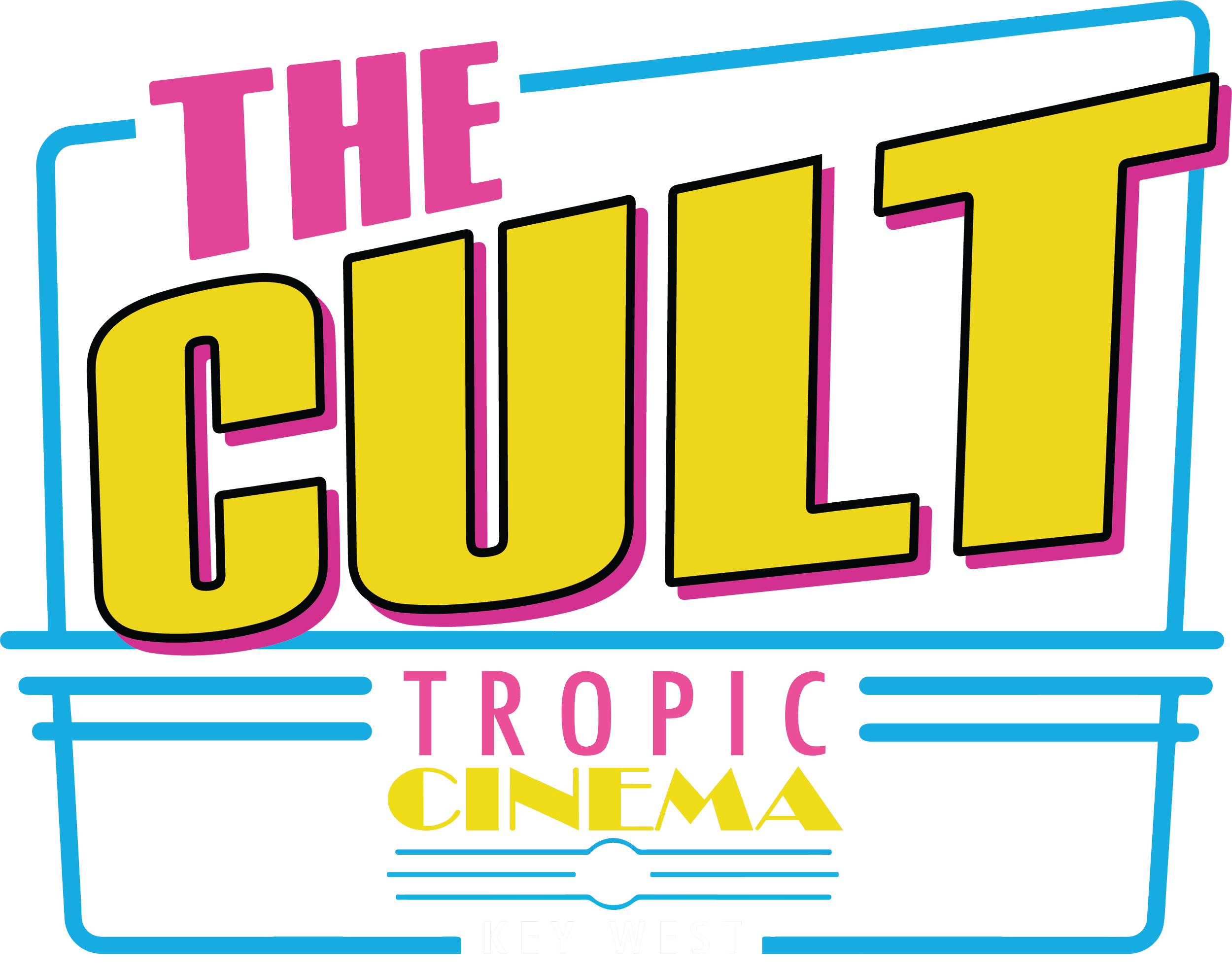 Colorful neon sign with words promoting a tropical-themed cinema event or location.
