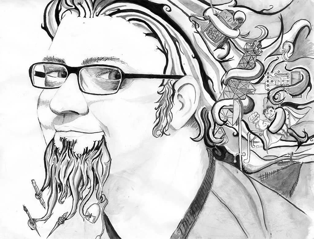 A black and white illustration of a man's face with glasses, a beard, and long hair, with artistic elements like a robot, a young person with a raised fist, a telephone, and abstract shapes flowing from his head.