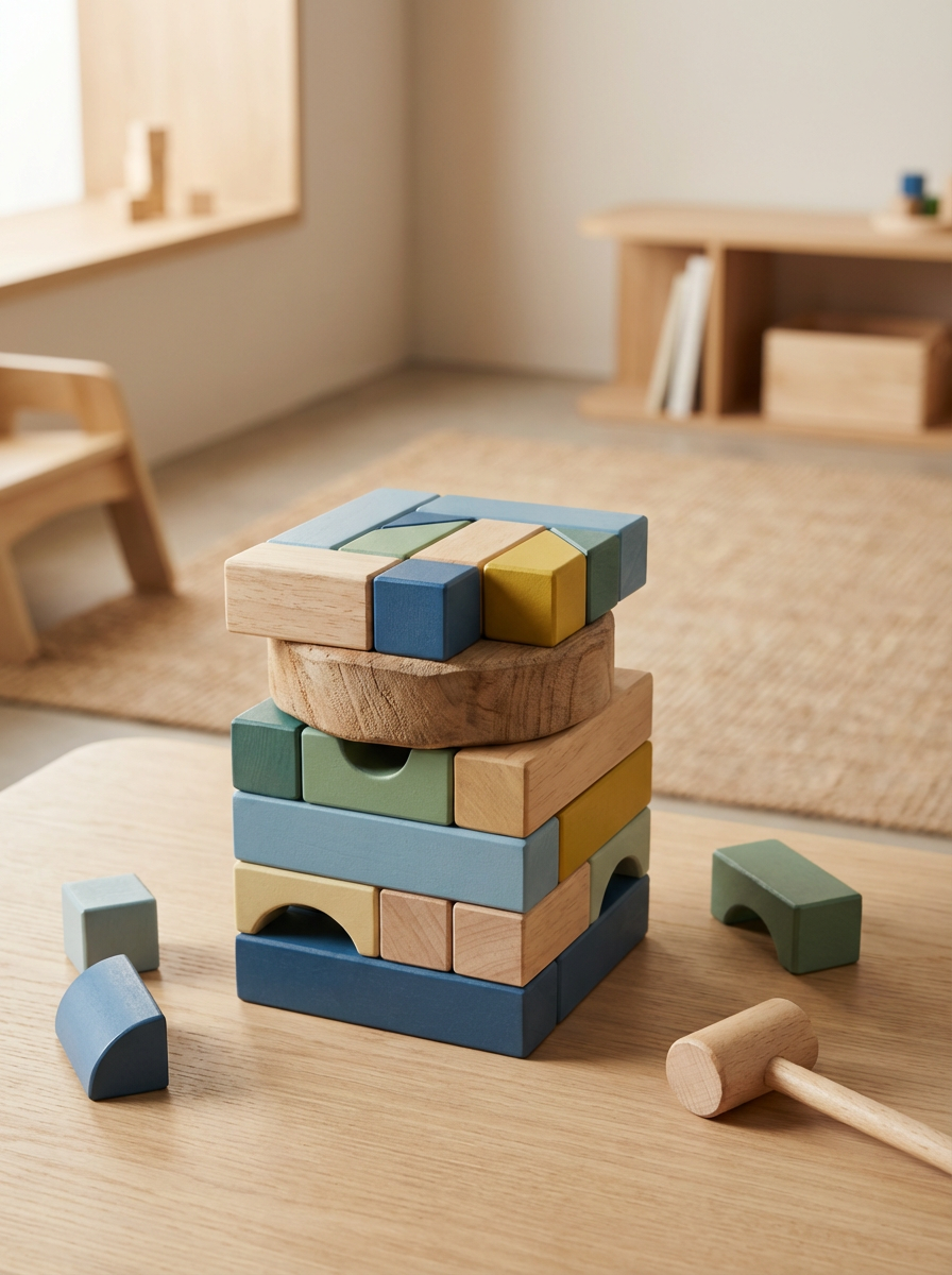 Stacked wooden building blocks on a table with scattered blocks and a wooden hammer nearby, in a room with natural lighting and minimal decor.