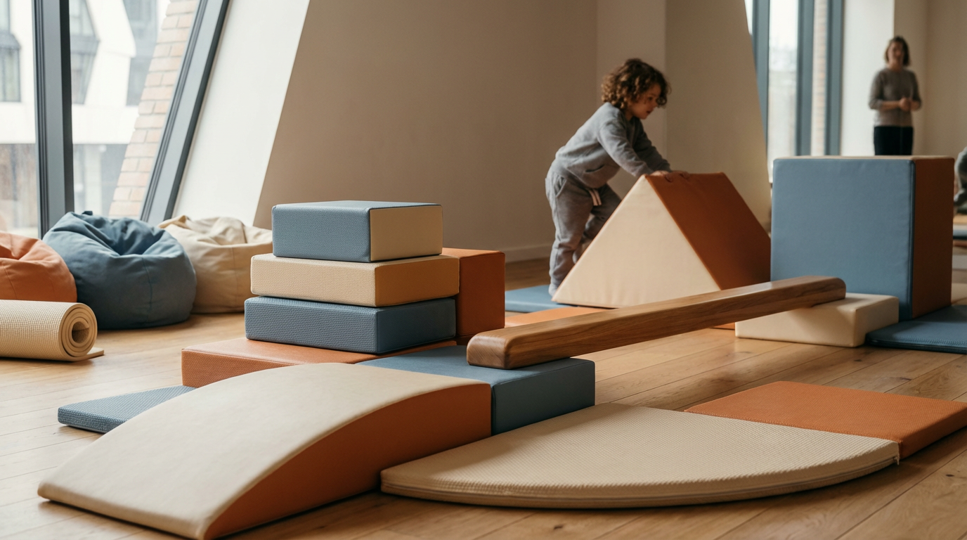 Kids playing with soft foam and wooden gym equipment in an indoor play area near large windows.