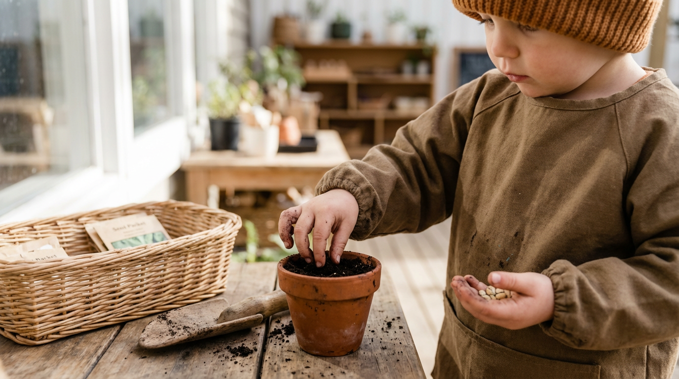 A young child wearing a brown long sleeve shirt and a tan knit hat is planting seeds in a small terracotta pot indoors. The child holds some seeds in one hand and uses the other hand to place soil in the pot. There is a basket with plant packets and a gardening trowel on the wooden table next to the plant.