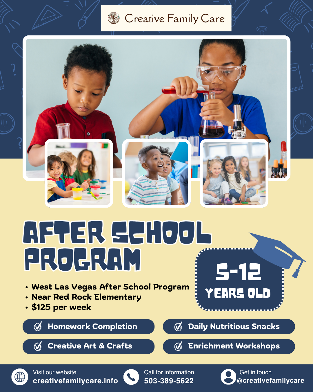 Flyer for an after school program with photos of children engaging in activities like science experiments and arts and crafts, and details about the program including location, age range, cost, activities, and contact information.