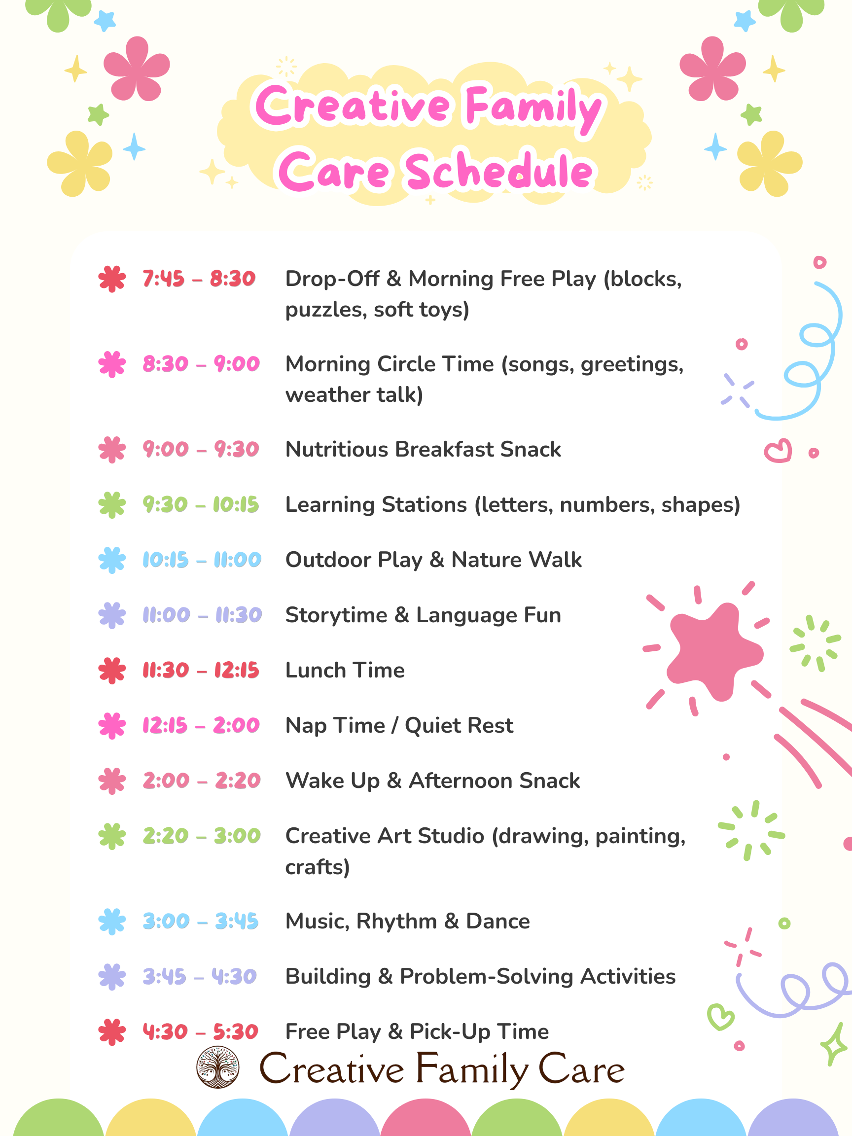 Schedule for Creative Family Care with colorful flower and heart decorations and a logo at the bottom.