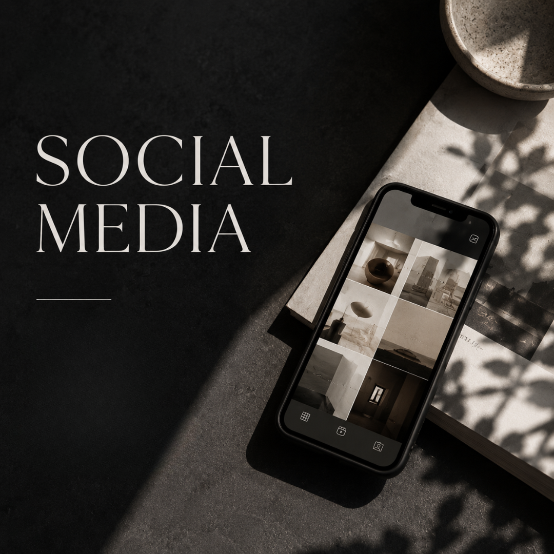 Smartphone displaying a grid of interior design photos placed on a dark surface next to a light-colored book and a cup, with sunlight and shadows.