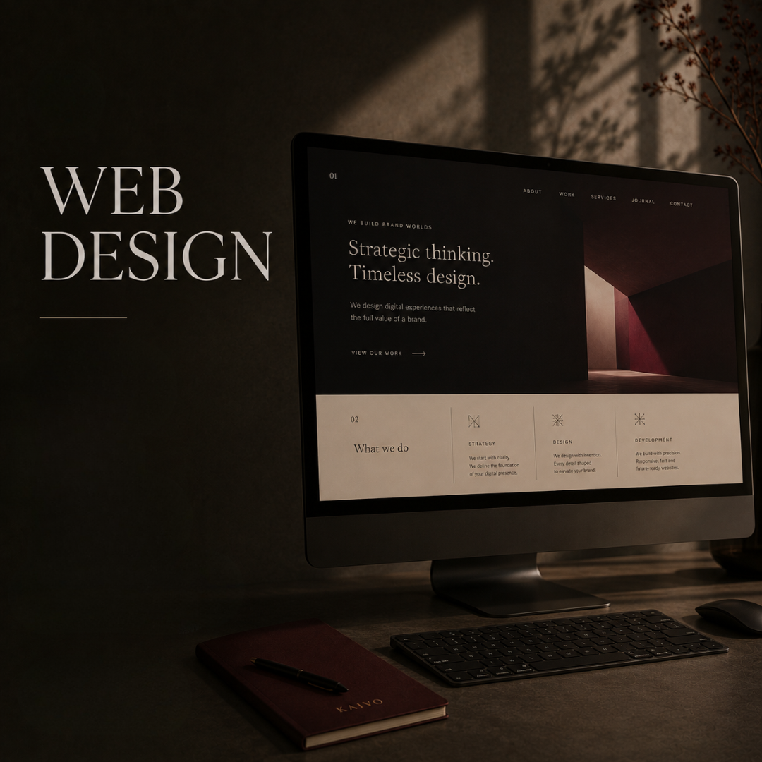 Computer screen displaying a web design portfolio with the words "Web Design" on a wall next to it, a keyboard, mouse, and a closed notebook with a pen on a dark wooden desk.