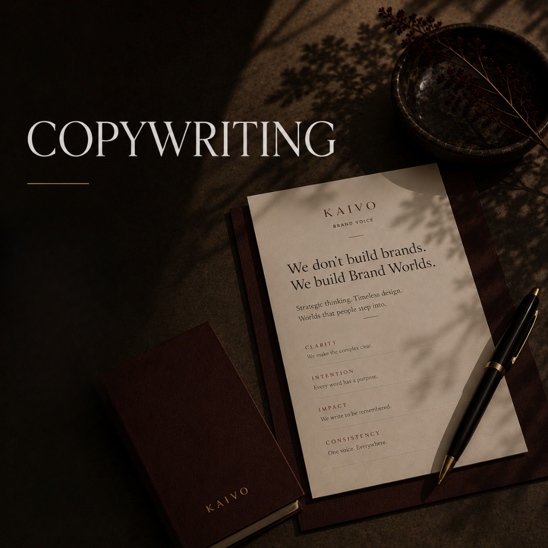 A dark textured surface with a notebook labeled 'KAIVO', a printed sheet titled 'KAIVO BRAND VOICE' detailing branding principles, a black and gold pen, and a bowl with casting shadow and reflected plant shadows.