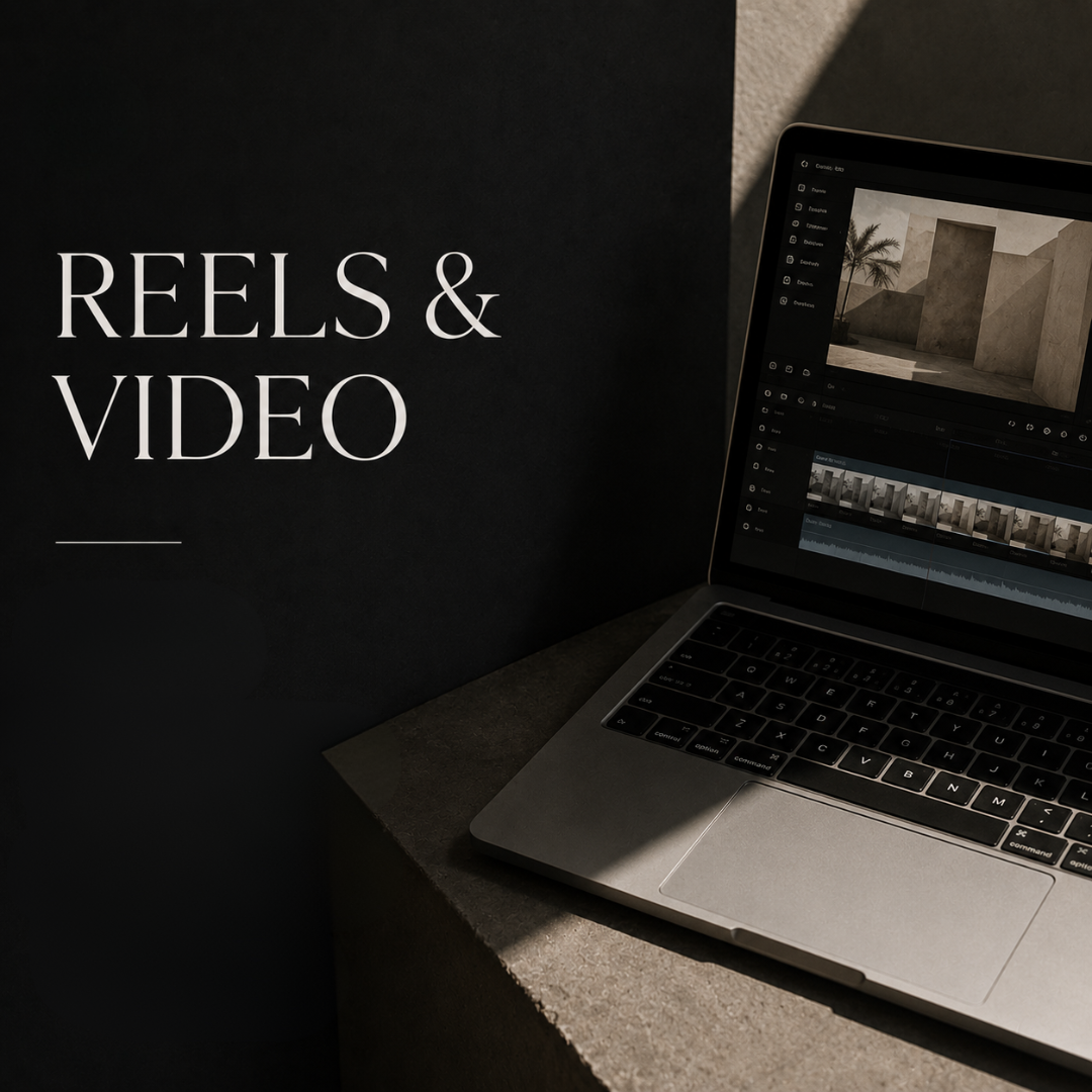 A laptop on a concrete surface showing video editing software, with a dark background and Palm trees in the video preview. A black sign with white text reads 'REELS & VIDEO'.