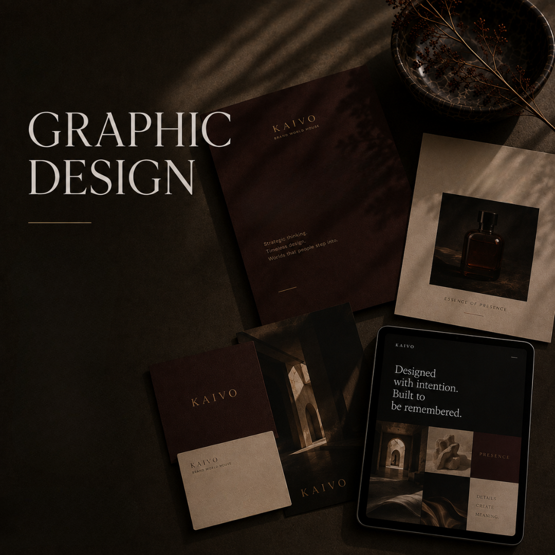 A flat lay of branding and marketing materials for Kaivo, featuring dark-colored brochures, a tablet displaying a promotional message, and a dark vase with dried branches, arranged on a dark surface with shadow patterns.