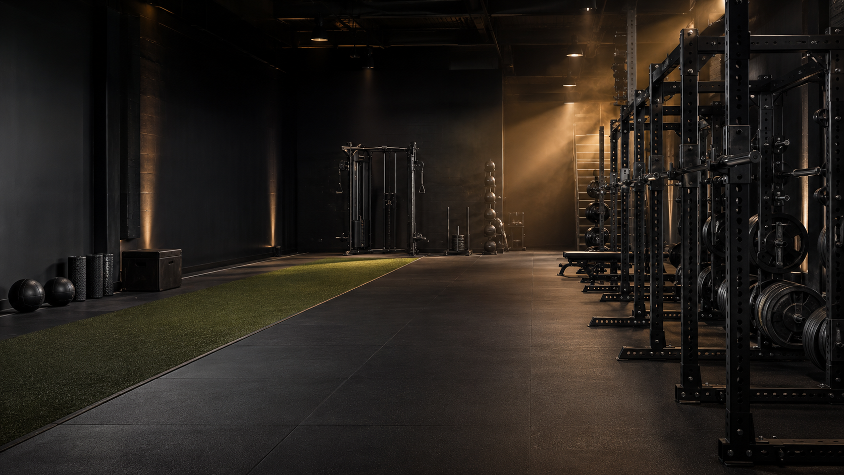 Commercial strength gym with black equipment and heavenly-gold light for V.E.T.S. online coaching.