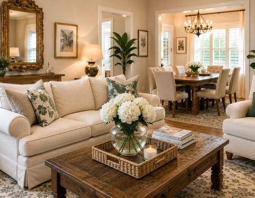 Luxury vacation rental living room ready for guests