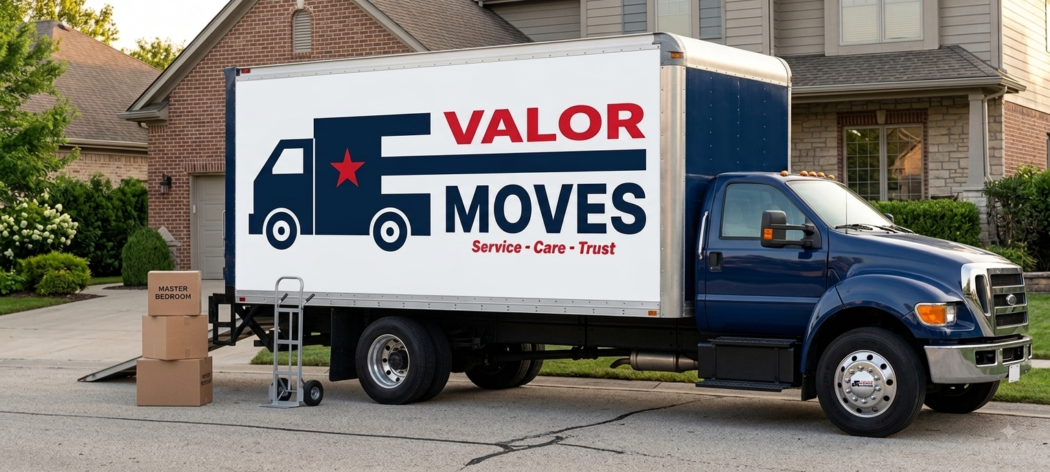 Valor Moves moving truck parked in front of a suburban house with boxes labeled 'Master Bedroom' and a dolly nearby.