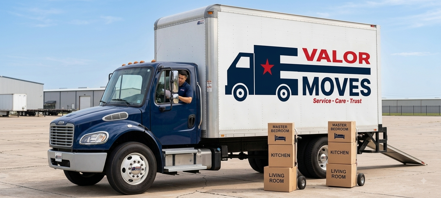 A Valor Moves moving truck parked on an airfield with boxes labeled for different rooms. The truck has a logo with a red star and slogan 'Service - Care - Trust.'
