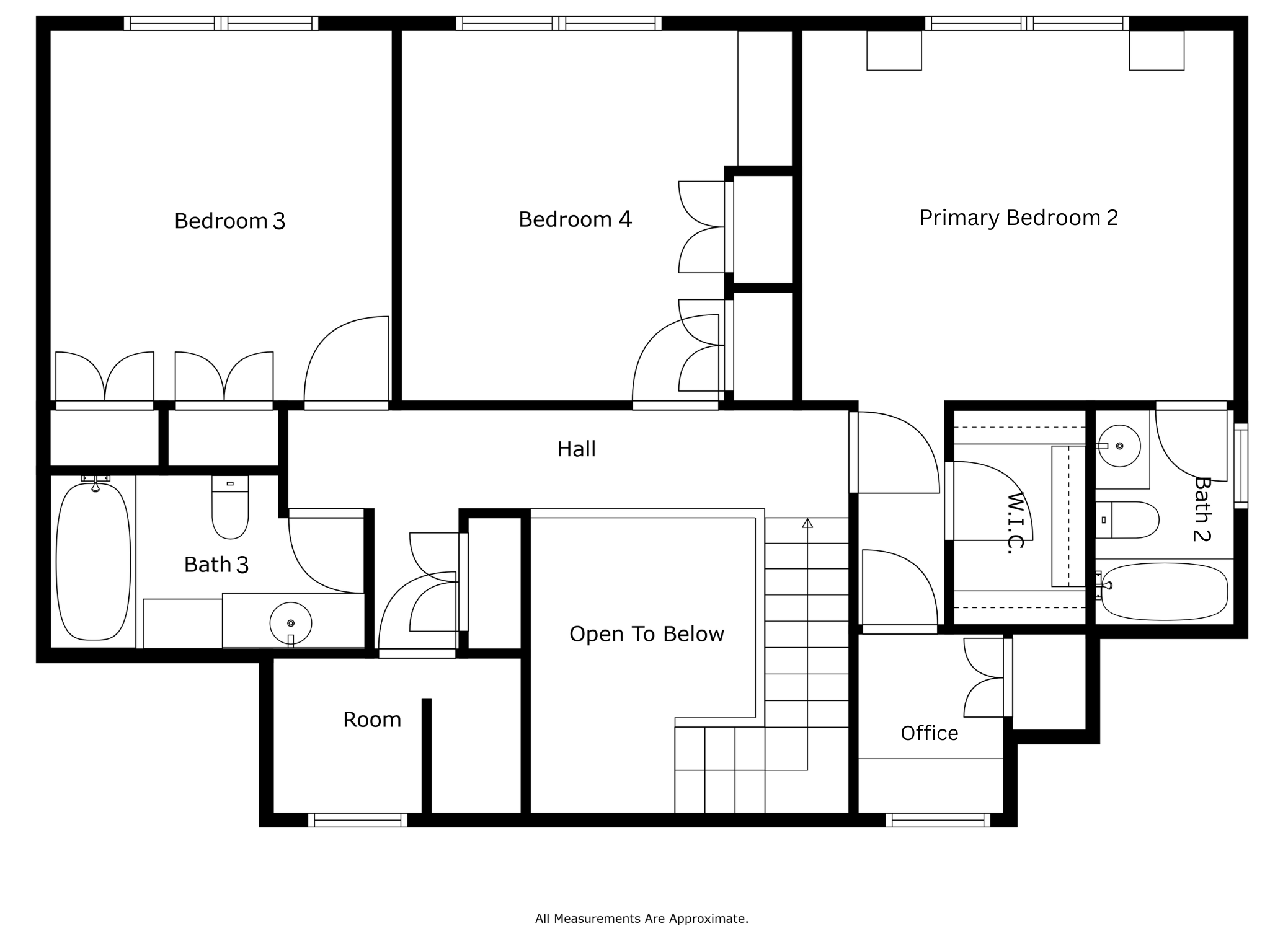 Floor plan of a house showing bedrooms, bathrooms, an office, and a hall with labels. The layout includes Bedroom 3, Bedroom 4, a Primary Bedroom 2, Bath 3, Bath 2, an office, a room, and an open space to below.